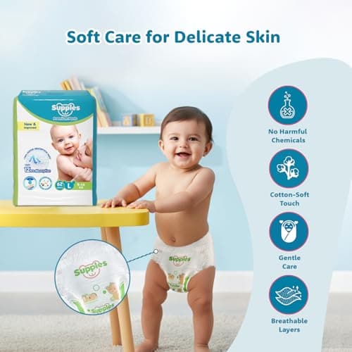 Amazon Brand - Supples Premium Baby Diaper Pants | 62 Baby Diapers | Large | 9-14 Kg | 12 Hrs Absorption | Cushiony Cotton Soft Fabric | Phthalates-Free | Triple Leak Guard 4