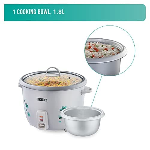 USHA RC18GS1 Steamer 700 Watt Automatic Rice Cooker 1.8 litres with Powerful Heating Element, Keep Rice Warm for 5 Hrs, Steamer, Trivet Plate & More Accessories, 5 Yrs Warranty (White) 4