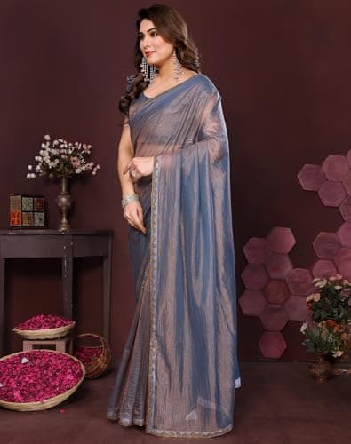 Yashika Women Soft Fandy Silk Saree With Hand Work Lace Boarder & Comes With Unstitched Blouse Piece | Latest Sarees Bollywood Sari | New Sarees (AZ-YS-OG-DHAMAKA GREY) 3