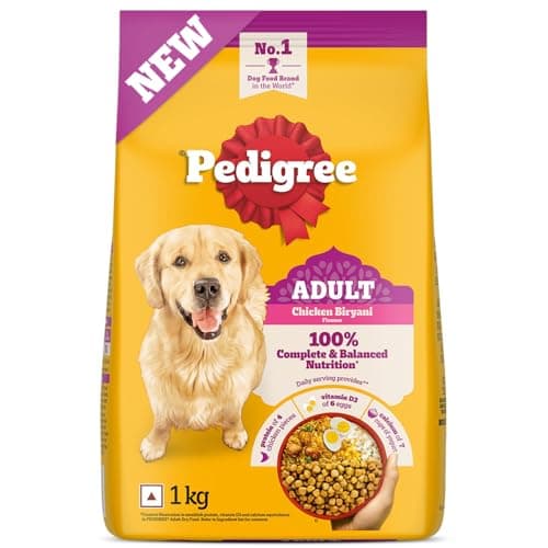 Pedigree Adult Dry Dog Food, New Chicken Biryani Flavour, 1 kg, Protein of 4 Chicken Pieces, Vitamin D3 of 6 Eggs, Calcium of 7 Cups of Yogurt, 100% Complete and Balanced Nutrition​