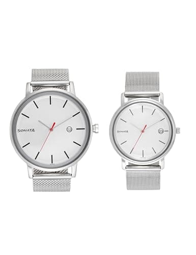 Sonata Quartz Analog with Date White Dial Metal Strap Watch for Couple-NS713187029SM01P