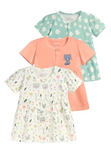 HELLCAT 100% Cotton Baby Frock Dress for Girls - Pack of 3, Soft & Trendy, Short Sleeve (0-18M)_Cream/Peach/Sea Green_6-12 Months