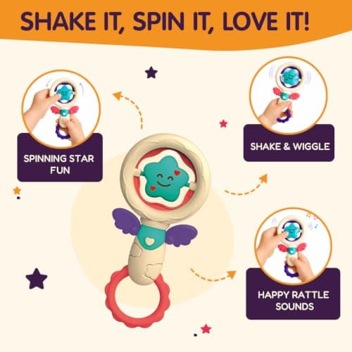 Innovitoy Premium 2 Pcs Baby Rattle & Star Teether Toy Set for 0 to 12 Months | BPA Free, Non-Toxic Silicone + ABS Plastic | Soft Sound Sensory Toy for Teething Relief & Early Development | 3