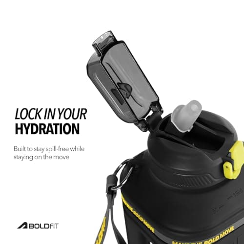 Boldfit 1500ml Gallon Water Bottle for Gym- Motivational Sipper with Level Markings, Leakproof Sports Bottle with Easy Carry Handle for Men & Women, Black- 1.5L 3