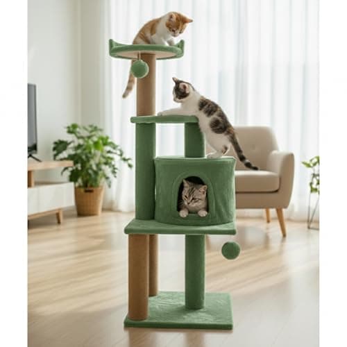 Purrway Soft Fur Activity Scratching Post/Cat Tree for Kittens & Cats - Natural Sisal Rope Triple Platform Tower (Height 43 Inch) (FURR - 3FLORR - Green) 2