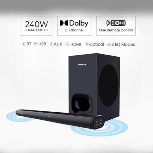 Aiwa Soundbar with Bluetooth V5.3 and Powerful Bass, 6.50 Inches Subwoofer, 2.1 Channel with Remote Control SD Card, HDMI AUX, USB and Optical Connectivity 240W Sound bar | Satori - AW-SSB240 (Black) 2