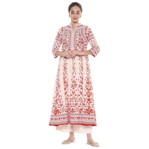 Biba Women's Rust-White Cotton Anarkali Kurta Sets_32