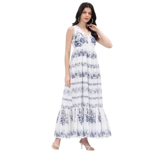 BIBA Women Off-White-Blue Cotton Tiered Printed Dress_42 3