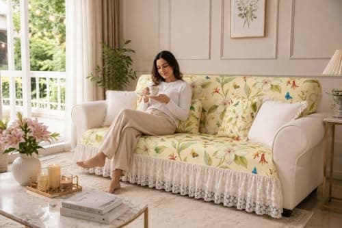 Bird Floral 7 Seater Waterproof Sofa Cover With Frill – 3+2+1+1 Anti-Slip French Coutry Sofa Throw |16-Piece Sofa Cover- 4 Seat, 4 Back & 8 Armrest Cover – 3 Seater, 2 Seater, 1 Seater |Sofa Throw 3