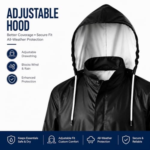 Rain Coat for Men Waterproof, Hypora Fabric Rain Suit with Hood, Jacket & Pant Set, Hidden Front Zipper, Lightweight Windproof Rain Wear, Large Pockets for Bike Riding, Trekking & Outdoor Work, BLACK 3