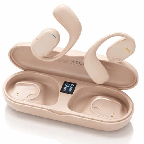 VEHOP JS270 OWS Open Ear Wireless Earbuds with Display | ENC Mic for Crystal-Clear Calls | 30H Play with Type-C Fast Charging | BT5.3 Gaming Bluetooth Earphones | Sports Headphone (Beige)