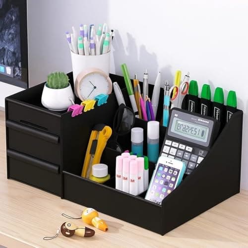 UCRAVO Black ABS Plastic Desk Organiser with Drawer,Multifunctional Desk Organizer,Customized Desk Organizer with Pencil Holders,Sticky Note,Paperclip StorageIOffice Table Stand for Home/Office