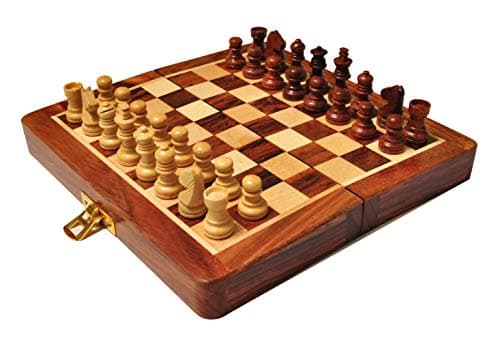 PALM ROYAL HANDICRAFTS Very Small Size Wooden Handmade Foldable Magnetic Chess Board Set with Magnetic Pieces and Extra Queens for Kids and Adults (7.5x7.5 Inches, Brown)