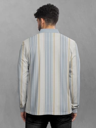 BULLMER Striped Textured Printed Polo Neck Fullsleeve T-Shirt with Rib for Men_Blue_Small 3