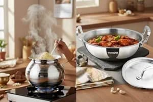 Thangam Combo of Stainless Steel Rice Cooking Pot Set for Cooking Pongal Pot with Strainer Plate, laddle and Stainless Steel 26cm (3.5 L) Kadai/Kadhai with Lid (3.5 Litre + Kadai)