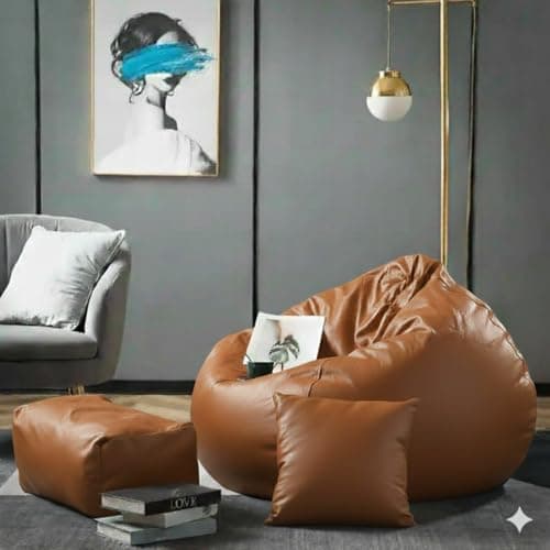 GIGLICK Luxury 5XL Jumbo Bean Bag with Footrest & Cushion | Premium Leatherette | High-Density Beans Filled | Heavy Duty Double Stitch | 6 Months Warranty Color- (Navy Blue) (TAN) 2