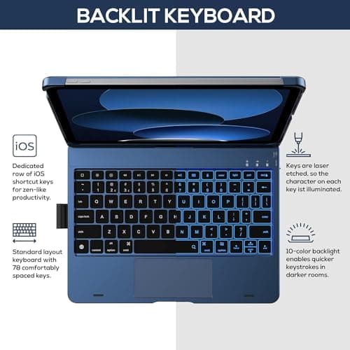typecase Touch Keyboard for A16 (11th) & 10th Gen with Multi-Touch Trackpad, 11-Colors Backlit, 360° Rotatable Multi Viewing Angle, Pencil Holder (NOT FIT for Air 11/10.9 & Pro 11) - Midnight Blue'26 4