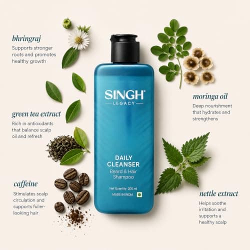 Singh Legacy Daily Cleanser Beard & Hair Shampoo, with Bhringraj, Moringa Oil & Green Tea Extract, 200 ml 2