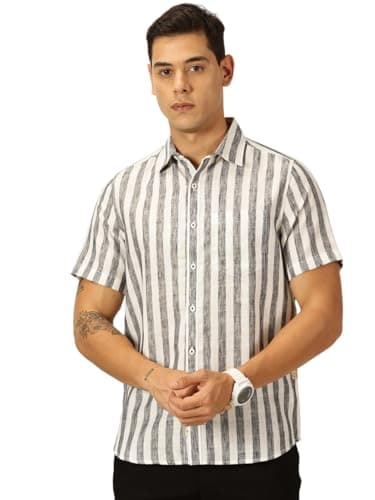Thomas Scott Mens Half Sleeves Cotton Linen Striped Casual Shirt (TS1375_Black, 2XL)