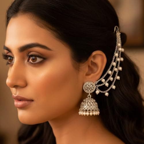 ACCESSHER Women's & Girls' Gold-Plated Multi-Layer Pearl Drop EarChain | Elegant 3-Layer Beaded Jewelry for Sarees, Lehengas & Ethnic Dresses | Perfect for Weddings & Special Occasions 4