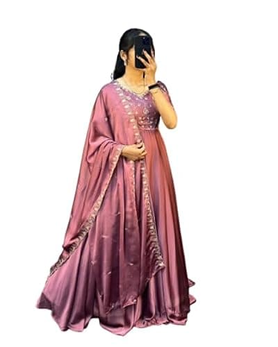 Dhanushlifestyle Women Dress | Jumpsuit | Jumpsuits for Women Stylish Mauve Satin Anarkali Gown Dress with Embroidered Yoke, Flared Floor Length Ethnic Dress (in, Alpha, S, Regular, Pink)