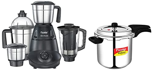Prestige Iris Plus 750 Watts Mixer Grinder & Prestige Svachh Deluxe Alpha 5.5 Litre Stainless Steel Outer Lid Pressure Cooker