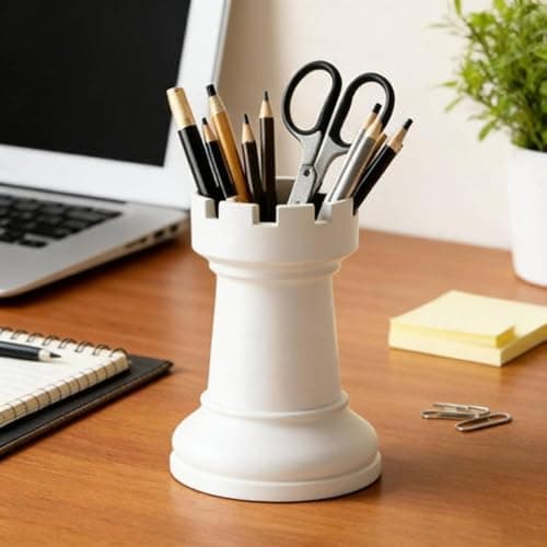 SNAPPSY Minimalist Design Chess Rook Pen Holder Creative Design Castle Chess Piece Writing Utensil Cup Multi-Functional for Students, Study Room, Office, White 3