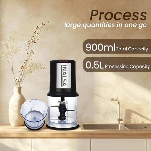 INALSA Electric Chopper Bullet-400 Watts with 100% Pure Copper Motor|Fast Chopping| Twin Blade Technology|0.5 l Capacity| One Touch Operation, 1.30mtr Long Power Cord,Black/Silver (Bullet) 4