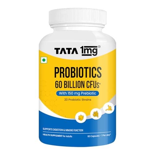 Tata 1mg Probiotics 60B CFU | 20 Probiotic Strains with 150 mg Prebiotic | Gut Health, Digestion & Immunity Support | 60 Vegetarian Capsules | No Refrigeration Needed