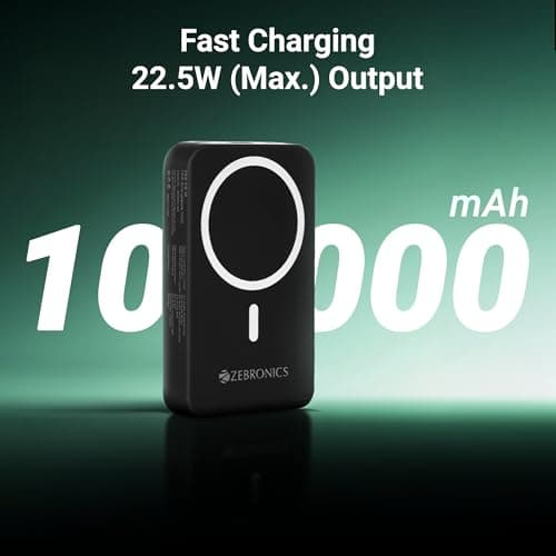 ZEBRONICS EnergiSafe 10R2 || 10000mAh MagSafe Wireless Power Bank | 15W Wireless & 22.5W PD (PPS) Fast Charging | Built-in Stand | Type-C & Lightning Cable | 5× Outputs | for iPhone & AirPods (Black) 2