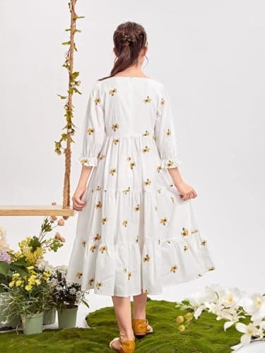 SKYCARRY Girls Cotton Midi Dress Ages 5 to 14 Years White Floral Embroidery Square Neck Western Outfit Stylish Kids Clothing Summer Beach Birthday Fashion Frocks for Children 2
