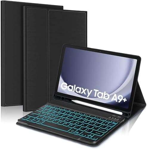 ProElite Keyboard case Cover for Samsung Galaxy Tab A9 Plus 11 inch with S Pen Holder Magnetic Detachable Wireless Bluetooth Keyboard Built-in 7-Colors Backlit, Black