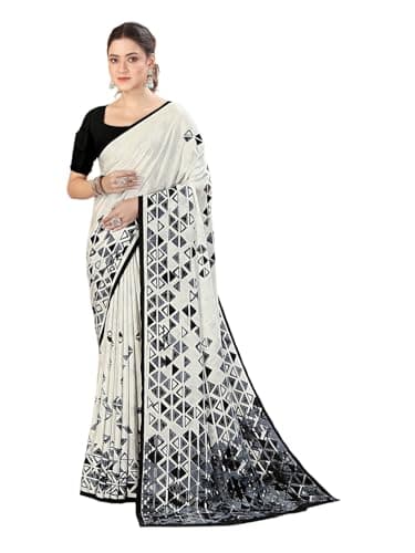 SIRIL Women's Crepe Silk Printed Saree with Unstitched Blouse Piece (5191S426_Off-White6)