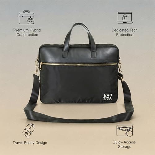 Nautica Unisex 14 Inch Laptop Bag | Premium Polyester and Reinforced Metal Hardware Laptop Messenger | Unique Logo and Trolley Strap Briefcase for Business Travel | BLACK 5
