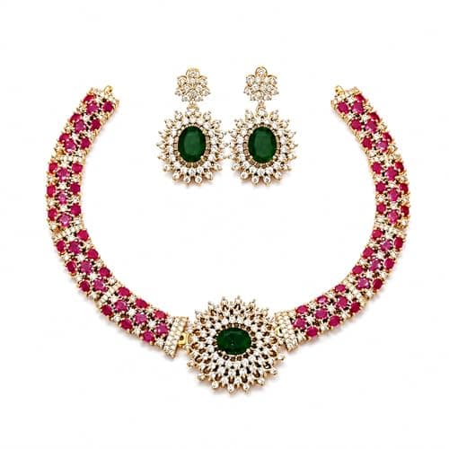 Visaga Aura Ruby Green Stone Choker Necklace Set for Women | Gold Plated American Diamond Jewellery Set with Earrings | Traditional Bridal Choker Necklace | Wedding Party Ethnic Jewellery | AD Necklac