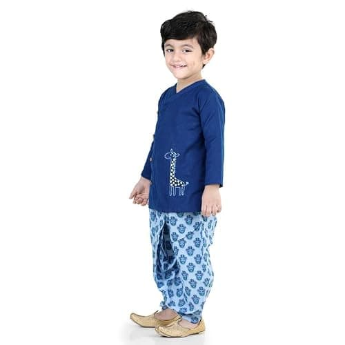 BownBee Kids Ethnic Wear Sibling Set of Cotton Full Sleeve Embroidered & Printed Dhoti Kurta & Halfsleeve Top & Dhoti Set for Baby Boys & Girls (Blue, Boys 3-6M, Girls 4-5Y) 4