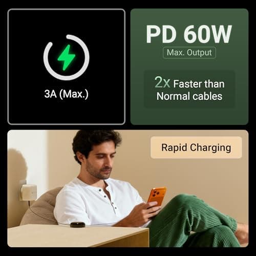 Zebronics Type C - Type C Retractable Cable, 60 Watts, Upto 480Mbps Data Sync, Fast Charging, 1 M, Compatible with iPhone 15 & 16 Series, iPad, MacBook, Samsung, Android (Wattz 60RCC1, Black) 2