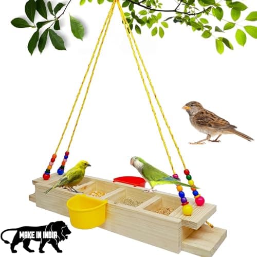 Boltz Wooden Hanging Bird Feeder with Water Bowl – Dual-Function Seed & Water Tray, Eco-Friendly Rustic Design for Balcony, Garden & Outdoor Birdwatching (Multicolor, Feeder)