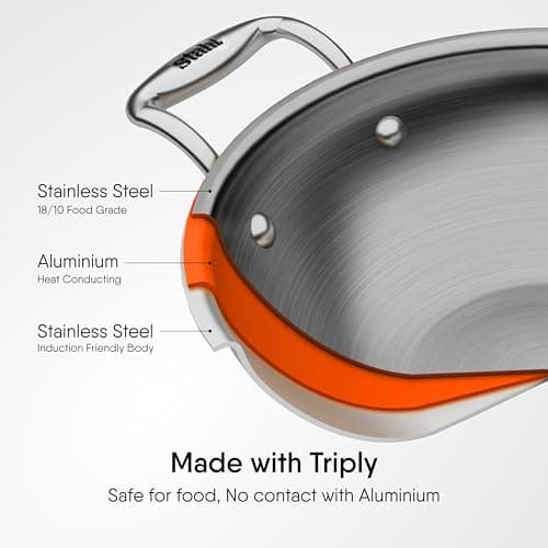 Stahl Artisan Triply 2.0 L, 22 cm Stainless Steel Kadhai with Lid, Kadai for Cooking, Stainless Steel Cookware Triply Kadai, Induction & Gas Stove Compatible 2