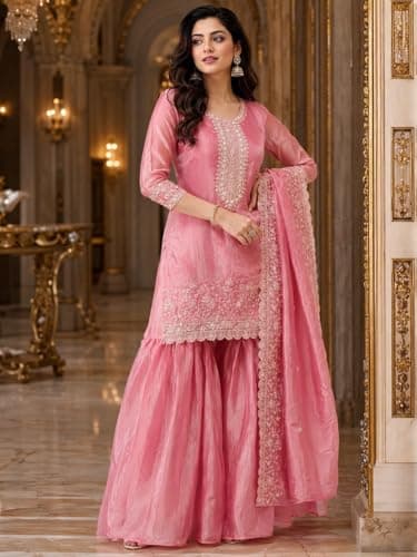 Anveri Textiles Women's Pink Embroidered Kurta Sharara Set with Dupatta | Ethnic Traditional Suit | Elegant Lace Work & Festive Outfit 2