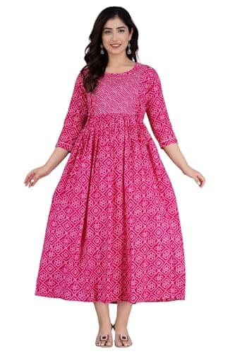 Murli Women's Pure Cotton Floral Printed Maternity Kurti Gown/Feeding Dress - A-line, Pink-3XL