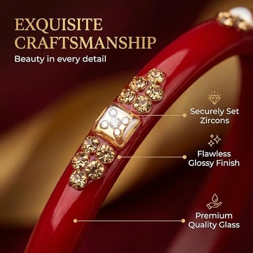 NMII Glass with Zircon Gemstone Or Beads Studded worked Glossy Finished Kada Set For Women and Girls, (Red_2.6 Inches), Pack Of 8 Kada Set 2