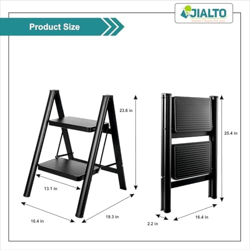JIALTO 2 Step Metal Ladder for Home, Foldable Lightweight Stepping Stool with Wide Pedals, Anti Slip Heavy Duty 150 Kg Capacity, Portable for Kitchen, Office & Library (Black) 2