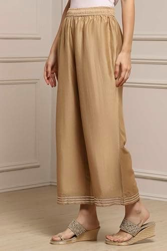 Biba Women Gold Polyester Straight Dyed Palazzo Pants_S 4