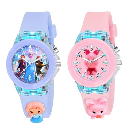GOLDENIZE FASHION Analog Multicolour Glowing Disco Light Dial Watch for Boys & Girls 3D Cute Cartoon Analog Watch for Girls-Boys Kids Combo of 2 (Lavender)