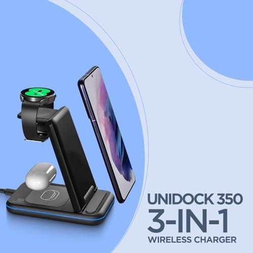 UNIGEN Unidock 350 23W Foldable Fast Wireless Charger Compatible with Samsung S24 Ultra Plus S23 S22 S21 S20 Z Fold Flip 3/4/5/6Watch4/5/6/Pro/7/Active 1/2 Galaxy Buds323 Black (with Adapter) 2