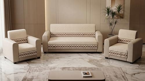 KINGLY Sofa Cover 5 Seater Set 3+1+1 Fully Covered - Royal Ivory Damask Quilted Traditional Couch Cover with PVC Pipe Anti Skid