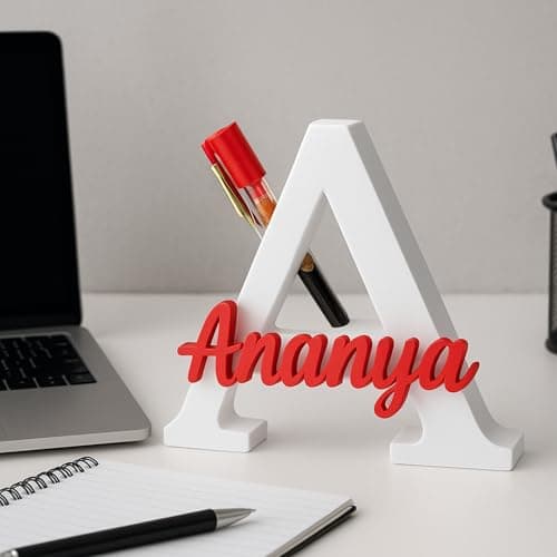 Artsycollection® Personalized Alphabet Name Pen Stand for Desk | Custom Initial Letter Pen Holder | 3D Acrylic Pen Stand for Office Study Table | Personalized Birthday Gift for Him, Her (Wht-Red)