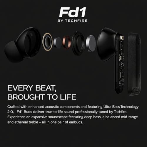 FD1 TWS Wireless Earbuds, Bluetooth 5.0, in-Ear, Black, Touch Control, 40 Hours Battery, with Charging Case (Orange) 3