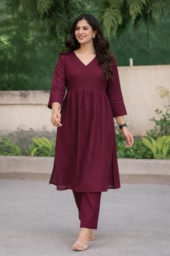 ISTOCAN Women's Long Flared V-Neck with Button Details Anarkali shape, Empire Waist,Kurta Pant Set | Casual Outfit For Office Wear | three-quarter sleeves (WINE, 3XL) 5